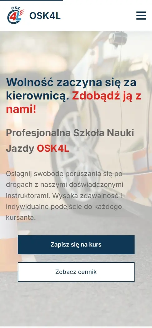 Strona szkoły jazdy na telefonie - widok 1
